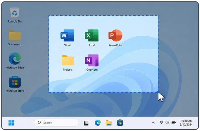 Illustration: dashed selection rectangle being dragged across a Windows desktop