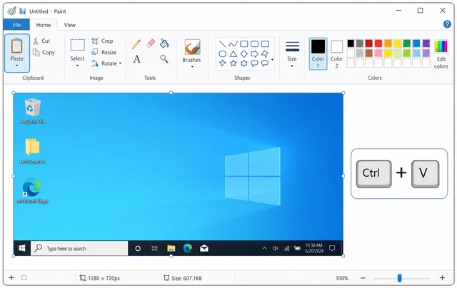 Illustration: Paint window with pasted screenshot and Ctrl V keys highlighted