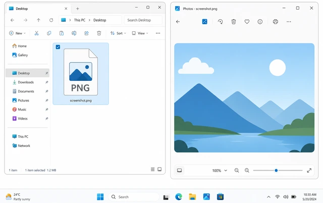 Illustration: Windows Photos app displaying a saved screenshot PNG on Desktop